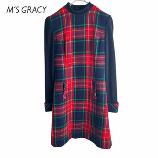 エムズグレイシー(M'S GRACY)の【希少品】M's GRACY エムズグレイシー　ひざ丈ワンピース　チェック(ひざ丈ワンピース)