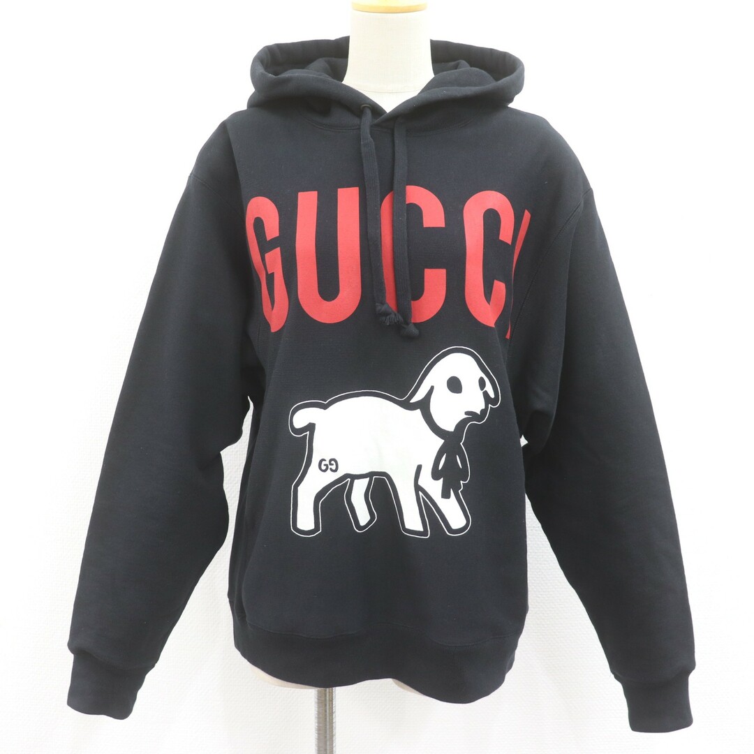 Gucci(グッチ)のIT6E3FM0VLGI GUCCI グッチ ラム ロゴ パーカー スウェット フーディ 569828 ブラック メンズ サイズ S コットン メンズのトップス(パーカー)の商品写真