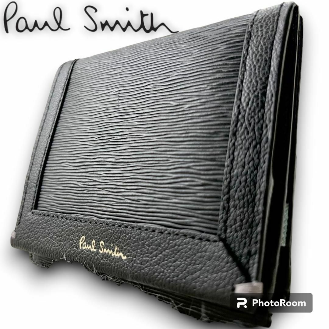 Paul Smith(ポールスミス)の美品　ポールスミス　２つ折り財布　レザー　マルチストライプ　ブラック　ロゴ金箔 レディースのファッション小物(財布)の商品写真