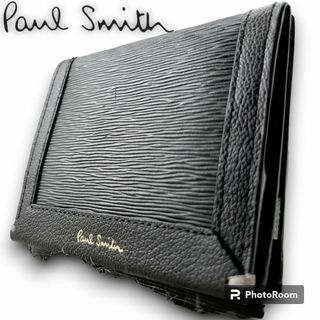 ポールスミス(Paul Smith)の美品　ポールスミス　２つ折り財布　レザー　マルチストライプ　ブラック　ロゴ金箔(財布)