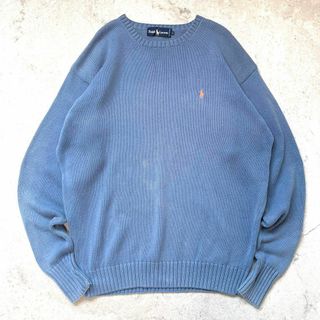 ラルフローレン(Ralph Lauren)の【90s ラルフローレン】サイズL 刺繍ロゴ コットン クルーネック ニット 青(その他)