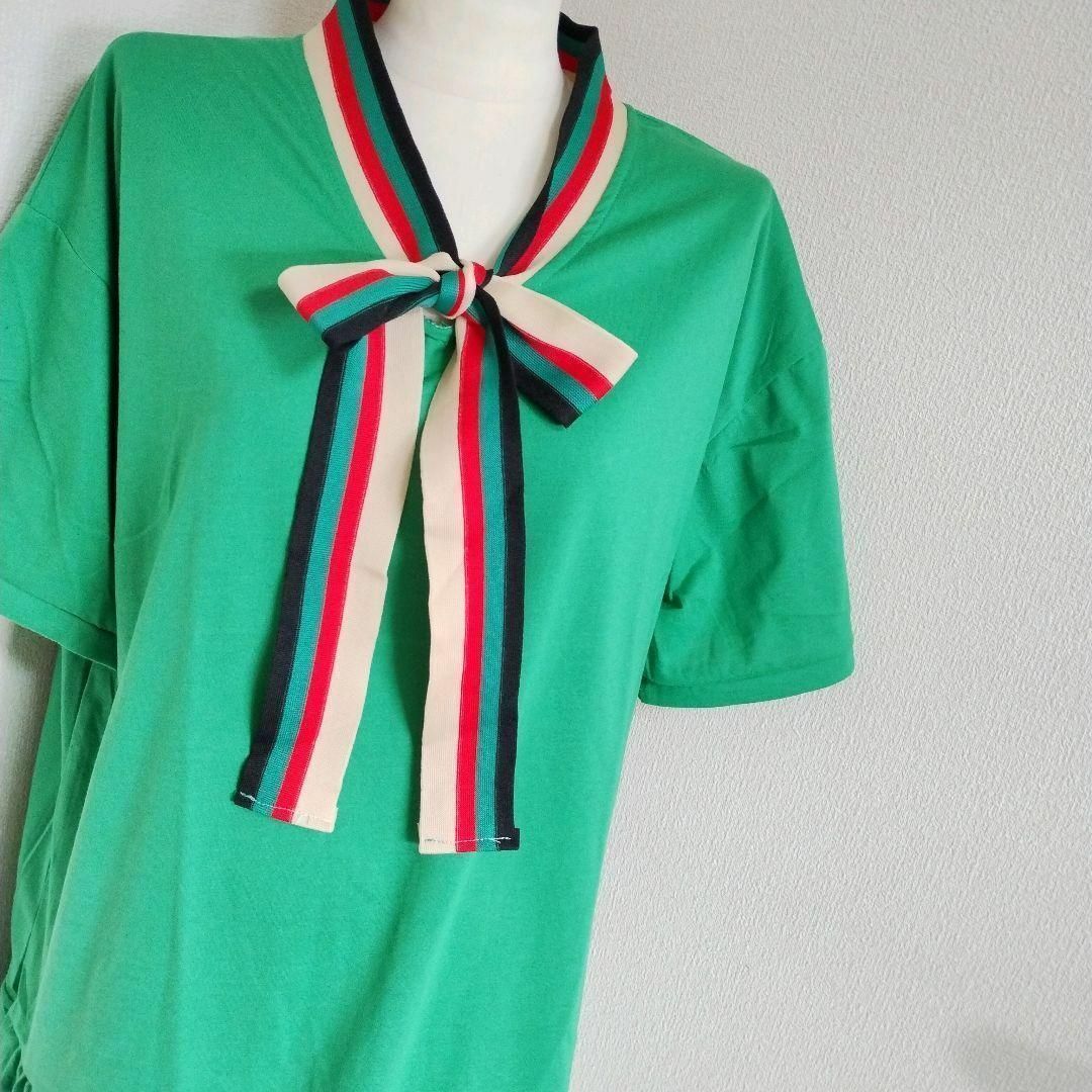 【グリーン・ＸＬサイズ】Tシャツワンピースフリル　リボン　ギャザー　ロゴ　半袖 レディースのトップス(Tシャツ(半袖/袖なし))の商品写真