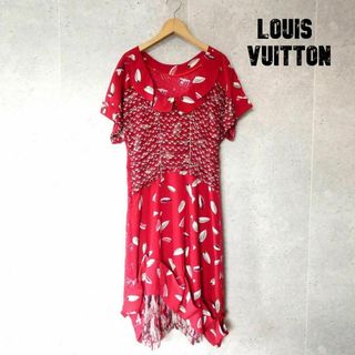 ルイヴィトン(LOUIS VUITTON)の美品 LOUIS VUITTON 総柄 シルク100％ 半袖 ワンピース ドレス(ロングワンピース/マキシワンピース)