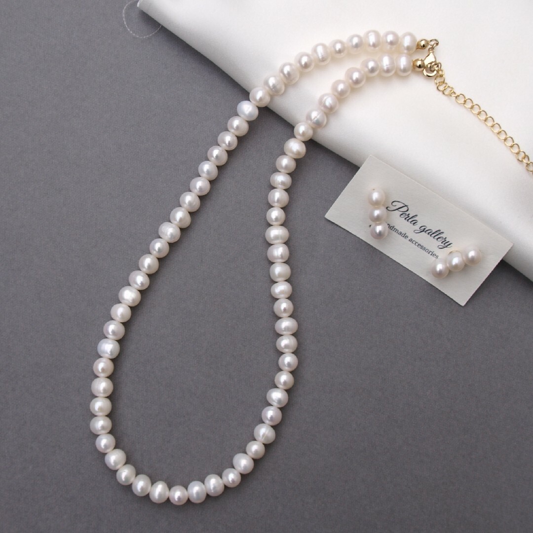 ” Kelly ケリー ” 淡水パール 1連 ネックレス 3珠 ピアス ホワイト ハンドメイドのアクセサリー(ネックレス)の商品写真