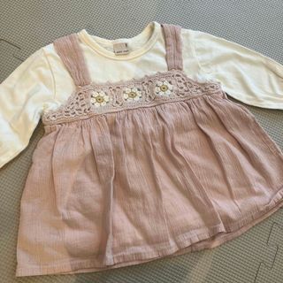 プティマイン(petit main)のプティマイン　100 春　クロシェ切替チュニック　ピンク　花柄　レイヤード(Tシャツ/カットソー)