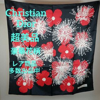 クリスチャンディオール(Christian Dior)のⅩⅤ244超美品　クリスチャンディオール　スカーフ　花柄　ブラック＆レッド　大判(バンダナ/スカーフ)