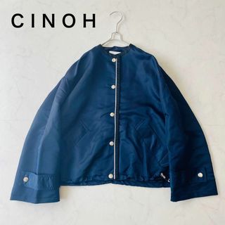 CINOH - CINOH　ノーカラーナイロンブルゾン　ネイビー