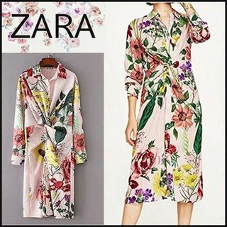 ザラ(ZARA)の【ザラ/ZARA】ストライプ花柄シャツロングワンピース　長袖　ピンク 　S(ロングワンピース/マキシワンピース)