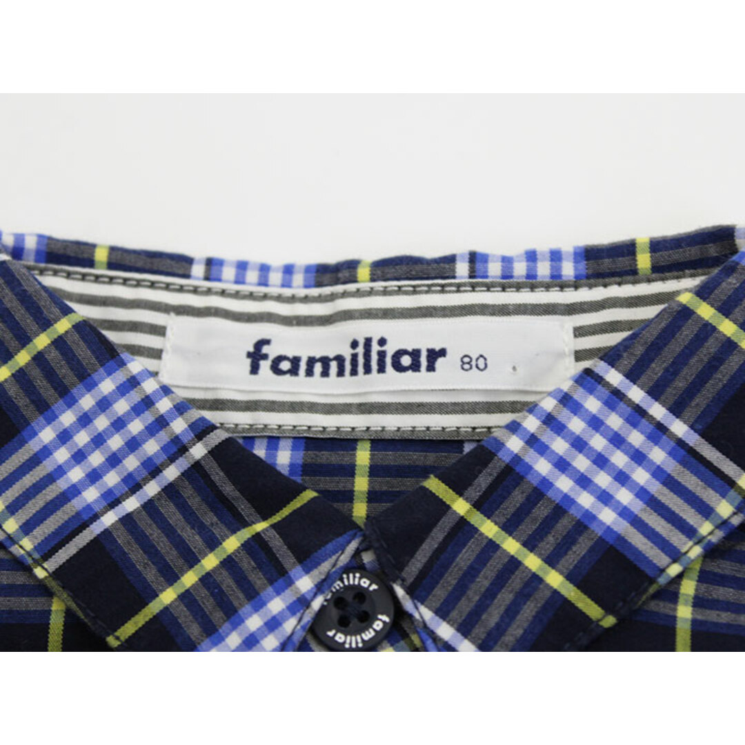 familiar(ファミリア)の【値下げ!】△ファミリア/familiar△80cm 長袖シャツ 紺系チェック×グレー ストライプ【中古】子供服 キッズ kids ベビー服 baby 男の子 春秋冬 409032 tops キッズ/ベビー/マタニティのベビー服(~85cm)(シャツ/カットソー)の商品写真