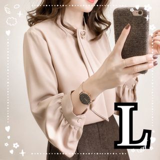 とろみシャツ　リボンタイ　カットソー　レディース　ブラウス　ベージュ　Ｌ(シャツ/ブラウス(長袖/七分))