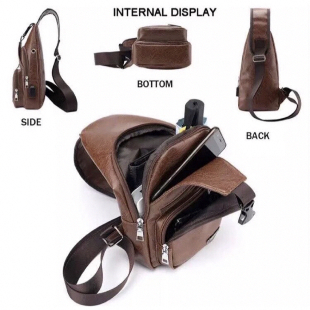 【ブラウン】ボディバッグ 斜め掛け多機能 軽量 USBポート ケーブル 大容量 メンズのバッグ(ボディーバッグ)の商品写真
