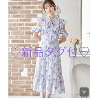 トッコクローゼット(TOCCO closet)のtocco新品 フリルオープンショルダーボウタイリボンフラワープリントワンピース(ロングワンピース/マキシワンピース)