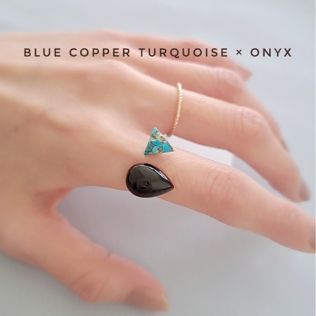 【天然石リング】ブラックオニキス × ブルーコッパーターコイズ 指輪 レディースのアクセサリー(リング(指輪))の商品写真