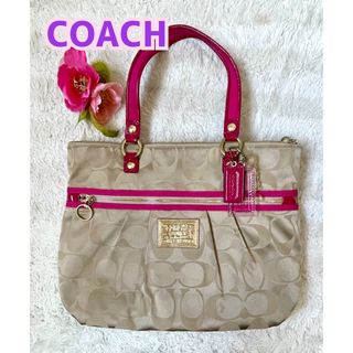 コーチ(COACH)のCOACH ポピー シグネチャー  トートバッグ　ベージュ/フューシャピンク(トートバッグ)