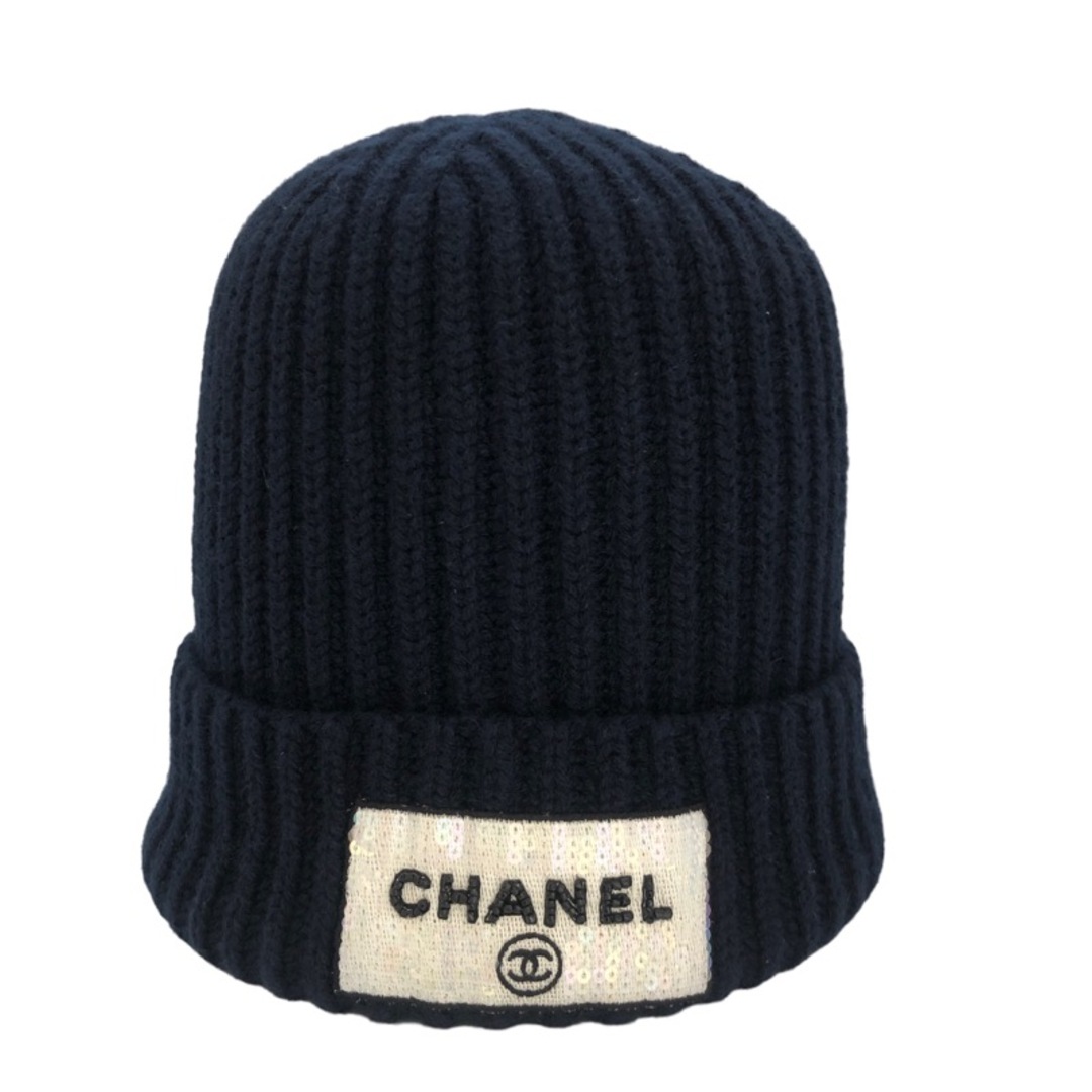 CHANEL(シャネル)の　シャネル CHANEL スパンコールロゴニットキャップ ネイビー カシミア レディース レディースの帽子(ニット帽/ビーニー)の商品写真