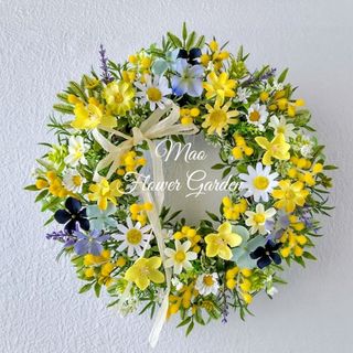 ミモザとお花のフラワーリース  ミモザ  リース  造花  ハンドメイド(リース)