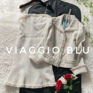 VIAGGIO BLU - ビアッジョブルー　ファンシーツイード　ワンピーススーツ　パステル　ビジュー　白