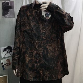 メンズシャツ　XL ブラウン　ビックシルエット　ペイズリー　レトロ　古着風　韓国(シャツ)