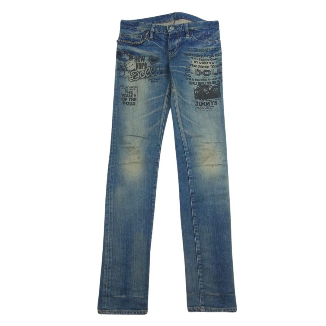 HYSTERIC GLAMOUR(ヒステリックグラマー)のHYSTERIC GLAMOUR ヒステリックグラマー JEANS THE NEWYORK 英字プリント スタッズ 5ポケット スキニー デニムパンツ ジーンズ インディゴブルー系 XS【中古】 レディースのパンツ(カジュアルパンツ)の商品写真