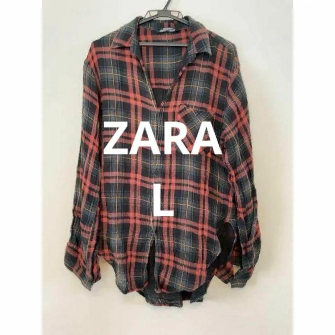 ZARA(ザラ)のZARA Woman ロング シャツ レッド ブラック チェック ヴィンテージ レディースのトップス(シャツ/ブラウス(長袖/七分))の商品写真