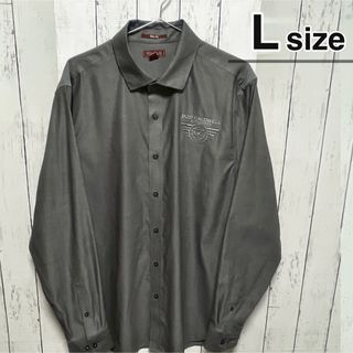 シャツ(shirts)のUSA古着　ドレスシャツ　ワークシャツ　L　グレー　長袖　企業ロゴ　コットン(シャツ)