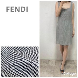 フェンディ(FENDI)の美品FENDIフェンディ　モノトーン幾何学柄タイトワンピース42 ブラック系(ひざ丈ワンピース)