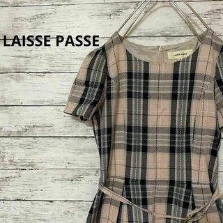 レッセパッセ(LAISSE PASSE)のLAISSE PASSE チェック柄半袖ワンピース ベルト付き ピンク 36(ひざ丈ワンピース)