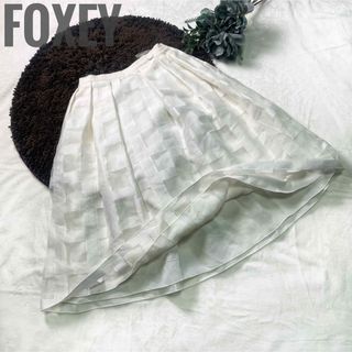 フォクシー(FOXEY)の【極美品】フォクシーブティック スカート ミントクロス チェック ホワイト 38(ひざ丈スカート)