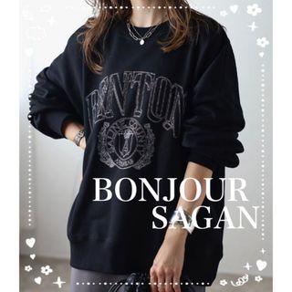 ボンジュールサガン(BONJOUR SAGAN)のBonjour sagan  白抜きカレッジロゴ刺繍BIGスウェット　ブラック(トレーナー/スウェット)