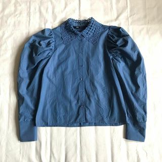 ザラ(ZARA)のザラ　ブラウス　ボリュームスリーブ　レース襟　シャツ　トップス　ブルー　M(シャツ/ブラウス(長袖/七分))