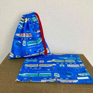 給食ナフキン　給食袋　セット　ハンドメイド　ブルー　電車　男の子　青(外出用品)