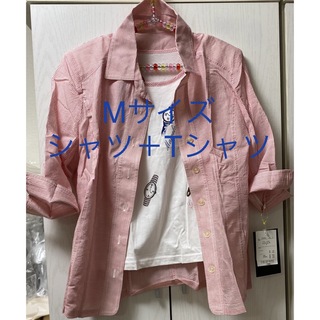 新品　七部袖　シャツ　半袖　Tシャツ　アンサンブル　ボーダー　シャツジャケットM(シャツ/ブラウス(長袖/七分))