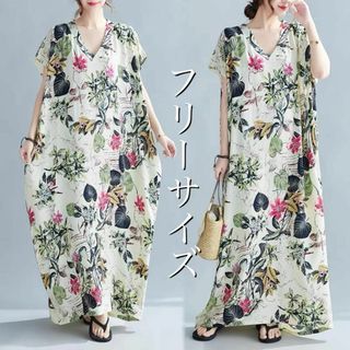 359☆大人気商品☆フリーサイズ ロングワンピース 花柄 半袖 大きいサイズ 白(ロングワンピース/マキシワンピース)