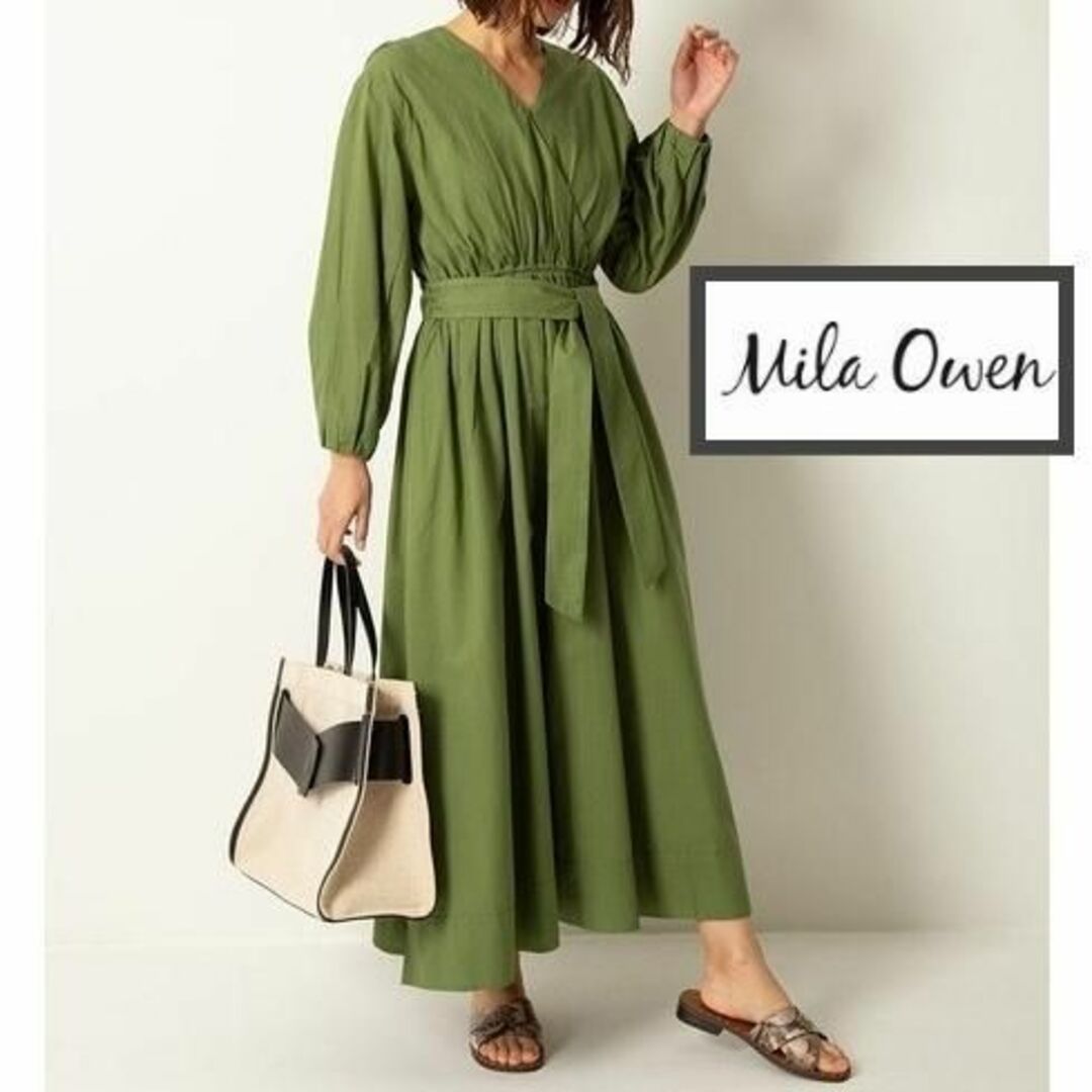 Mila Owen(ミラオーウェン)のMila Owen  カシュクールギャザーワンピース　グリーン　美品　M レディースのワンピース(ロングワンピース/マキシワンピース)の商品写真