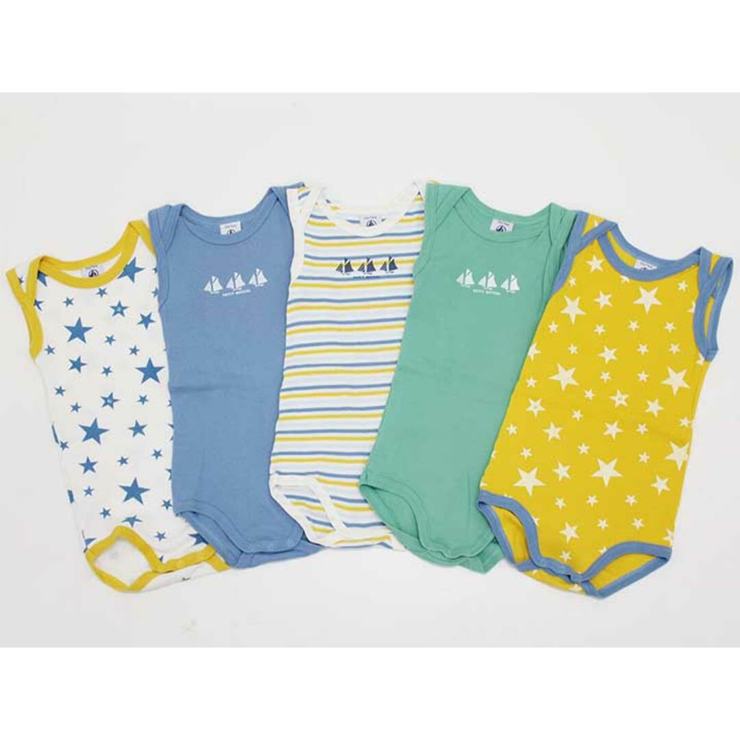 PETIT BATEAU(プチバトー)の【値下げ!】◇プチバトー/PETIT BATEAU◇74cm ノースリーブロンパース5点set 白×青＆くすみブルー＆マルチカラー＆緑＆黄【中古】【ネット限定】子供服 キッズ kids ベビー服 baby 男の子 夏 106032 onepi キッズ/ベビー/マタニティのベビー服(~85cm)(カバーオール)の商品写真