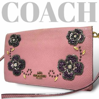 コーチ(COACH)の良品　コーチ　ショルダーウオレット　花柄　ビジュー　ロゴ金具　レザー　斜め掛け(財布)