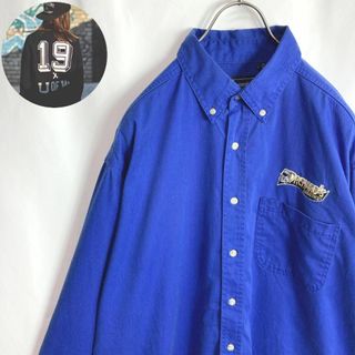 US古着 BDシャツ トラック ワンポイント刺繍 企業ロゴ 長袖 青色 2XL(Tシャツ/カットソー(七分/長袖))