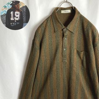 レトロ古着 ウールシャツ ペイズリー柄 ストライプ 長袖 カーキ色 茶色XL(Tシャツ/カットソー(七分/長袖))