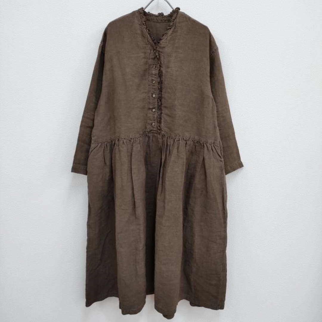 nest Robe(ネストローブ)のnest Robe リネン天然染めフリル使いワンピース 泥染め 01234-1448 定価37400円 23AW ブラウン レディース ネストローブ【中古】4-0227M♪ レディースのワンピース(ロングワンピース/マキシワンピース)の商品写真