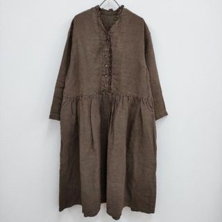 ネストローブ(nest Robe)のnest Robe リネン天然染めフリル使いワンピース 泥染め 01234-1448 定価37400円 23AW ブラウン レディース ネストローブ【中古】4-0227M♪(ロングワンピース/マキシワンピース)