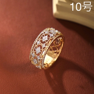 繊細 レース 透かし彫り 高級 CZダイヤ 幅広 ゴールド リング(リング(指輪))