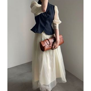 アメリヴィンテージ(Ameri VINTAGE)のPEPLUM LINE CHIFFON SKIRT SET DRESS 紺色　S(ロングワンピース/マキシワンピース)