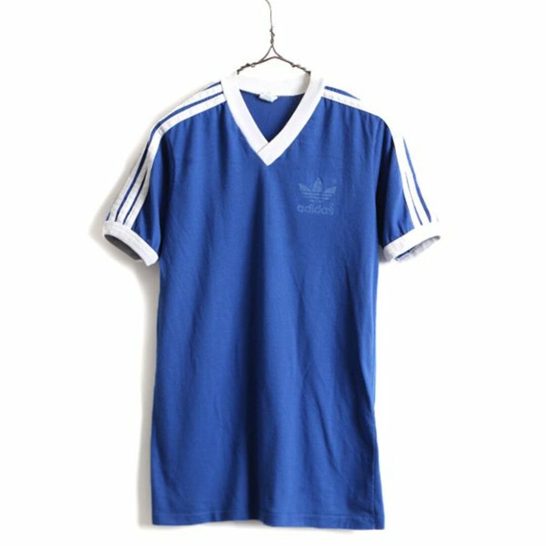 adidas(アディダス)の80s USA製 ■ アディダス 3ライン トレフォイル プリント Vネック 半袖 Tシャツ ( M メンズ 小さめ S 程) 古着 80年代 ビンテージ ADIDAS メンズのトップス(Tシャツ/カットソー(半袖/袖なし))の商品写真