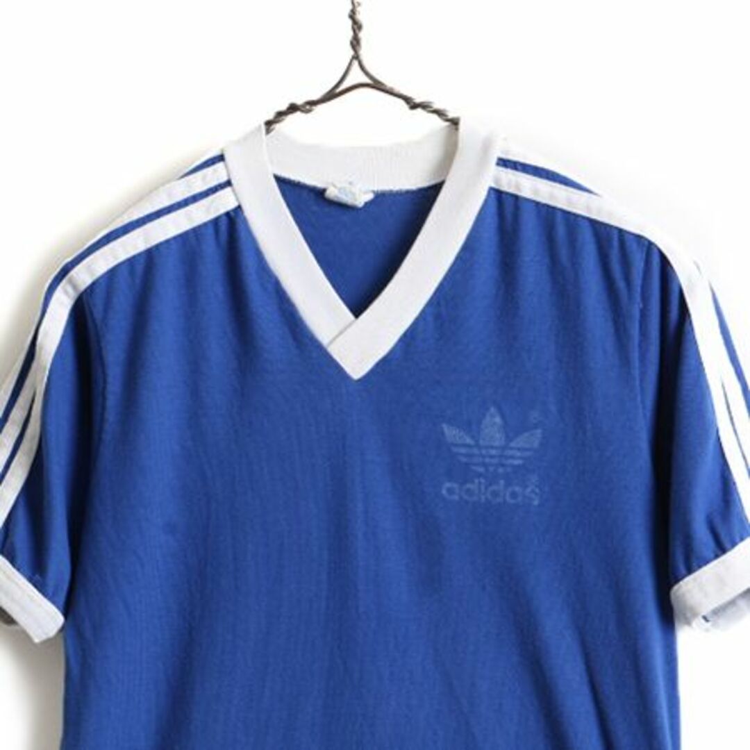 adidas(アディダス)の80s USA製 ■ アディダス 3ライン トレフォイル プリント Vネック 半袖 Tシャツ ( M メンズ 小さめ S 程) 古着 80年代 ビンテージ ADIDAS メンズのトップス(Tシャツ/カットソー(半袖/袖なし))の商品写真