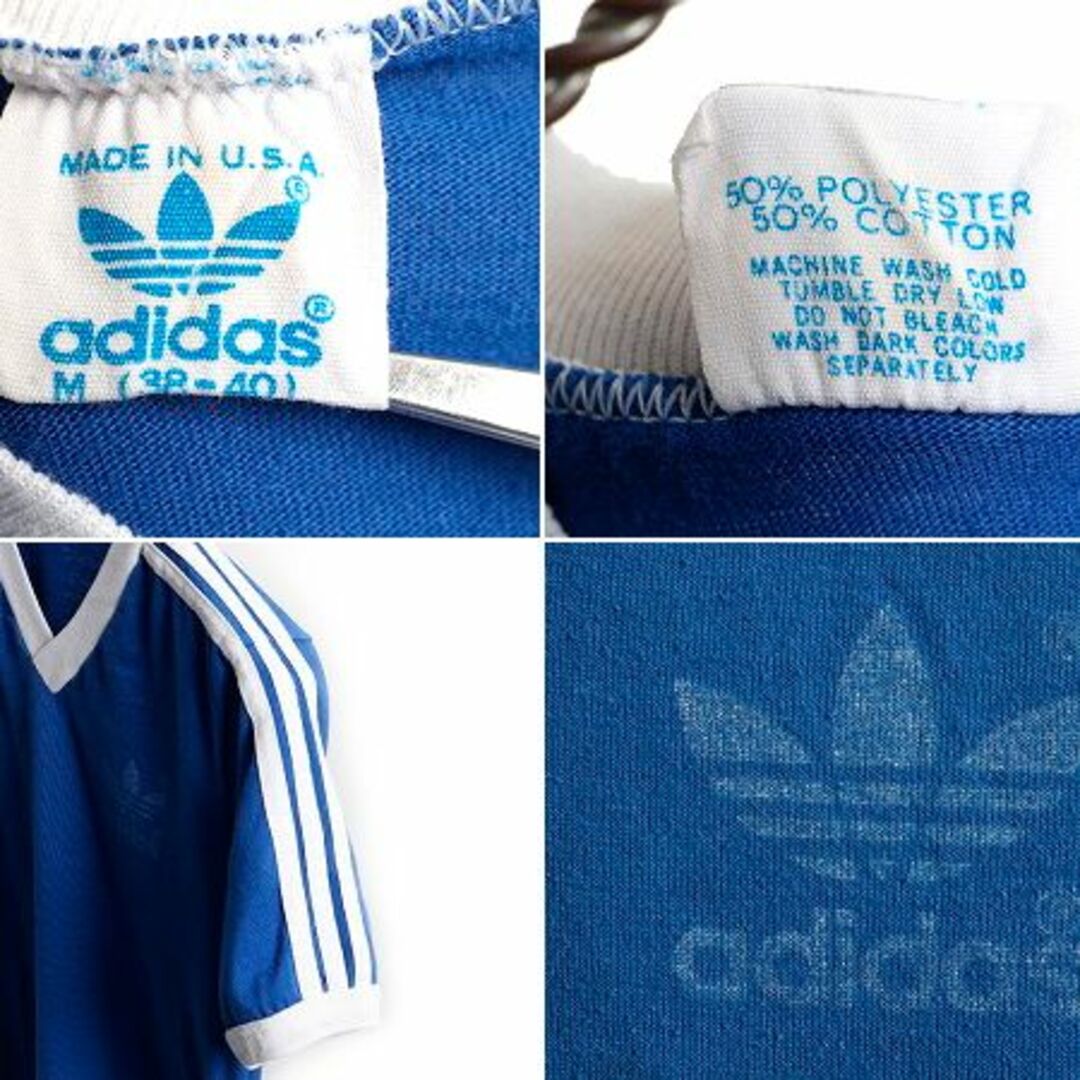 adidas(アディダス)の80s USA製 ■ アディダス 3ライン トレフォイル プリント Vネック 半袖 Tシャツ ( M メンズ 小さめ S 程) 古着 80年代 ビンテージ ADIDAS メンズのトップス(Tシャツ/カットソー(半袖/袖なし))の商品写真