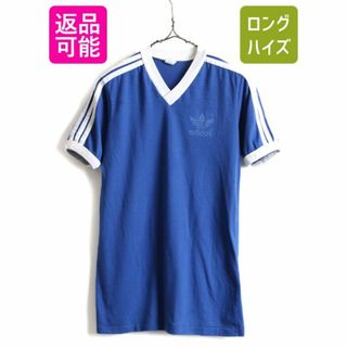 アディダス(adidas)の80s USA製 ■ アディダス 3ライン トレフォイル プリント Vネック 半袖 Tシャツ ( M メンズ 小さめ S 程) 古着 80年代 ビンテージ ADIDAS(Tシャツ/カットソー(半袖/袖なし))