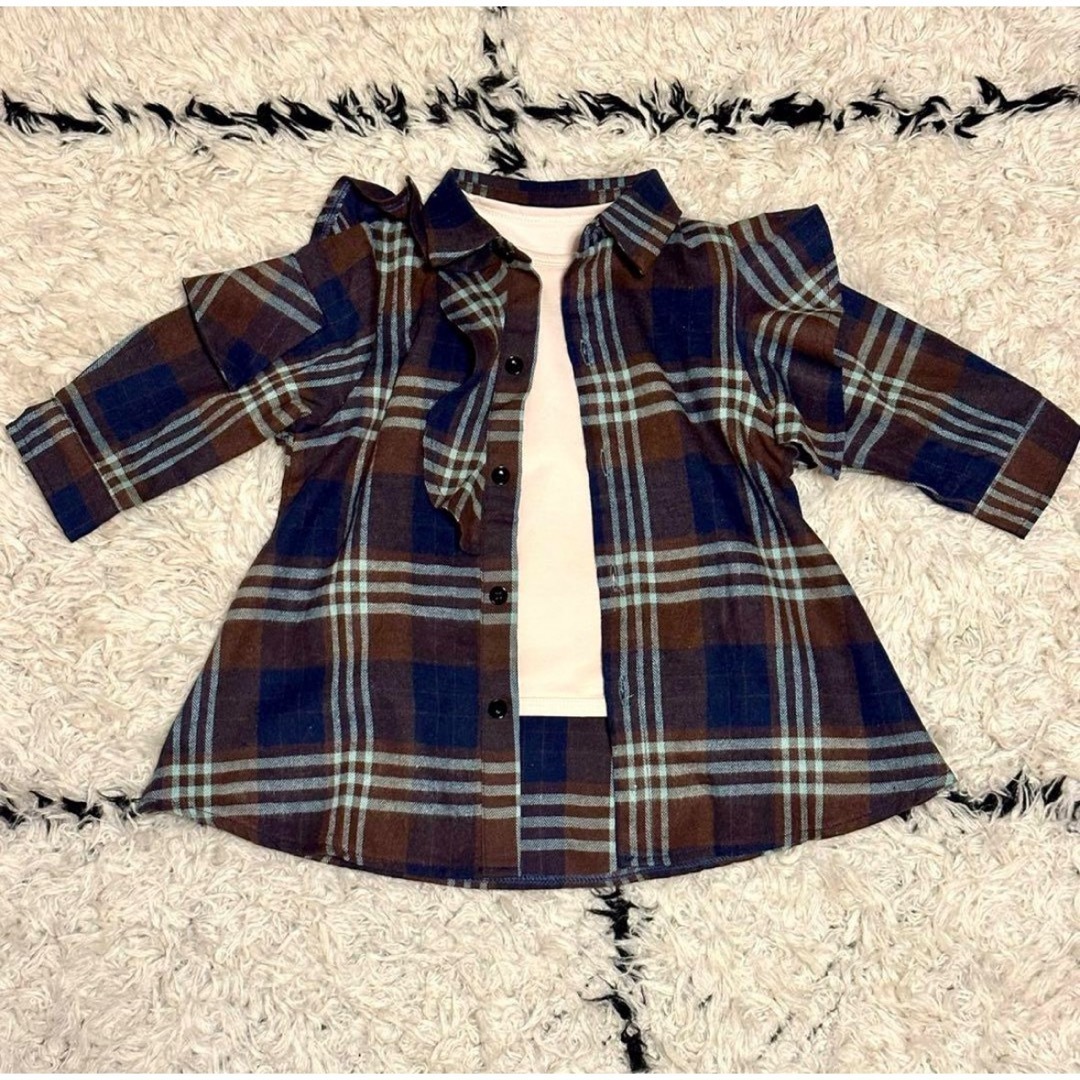 【新品】 シャツ ワンピース 80cm チェック ロング丈 長袖 フリル キッズ/ベビー/マタニティのベビー服(~85cm)(ワンピース)の商品写真