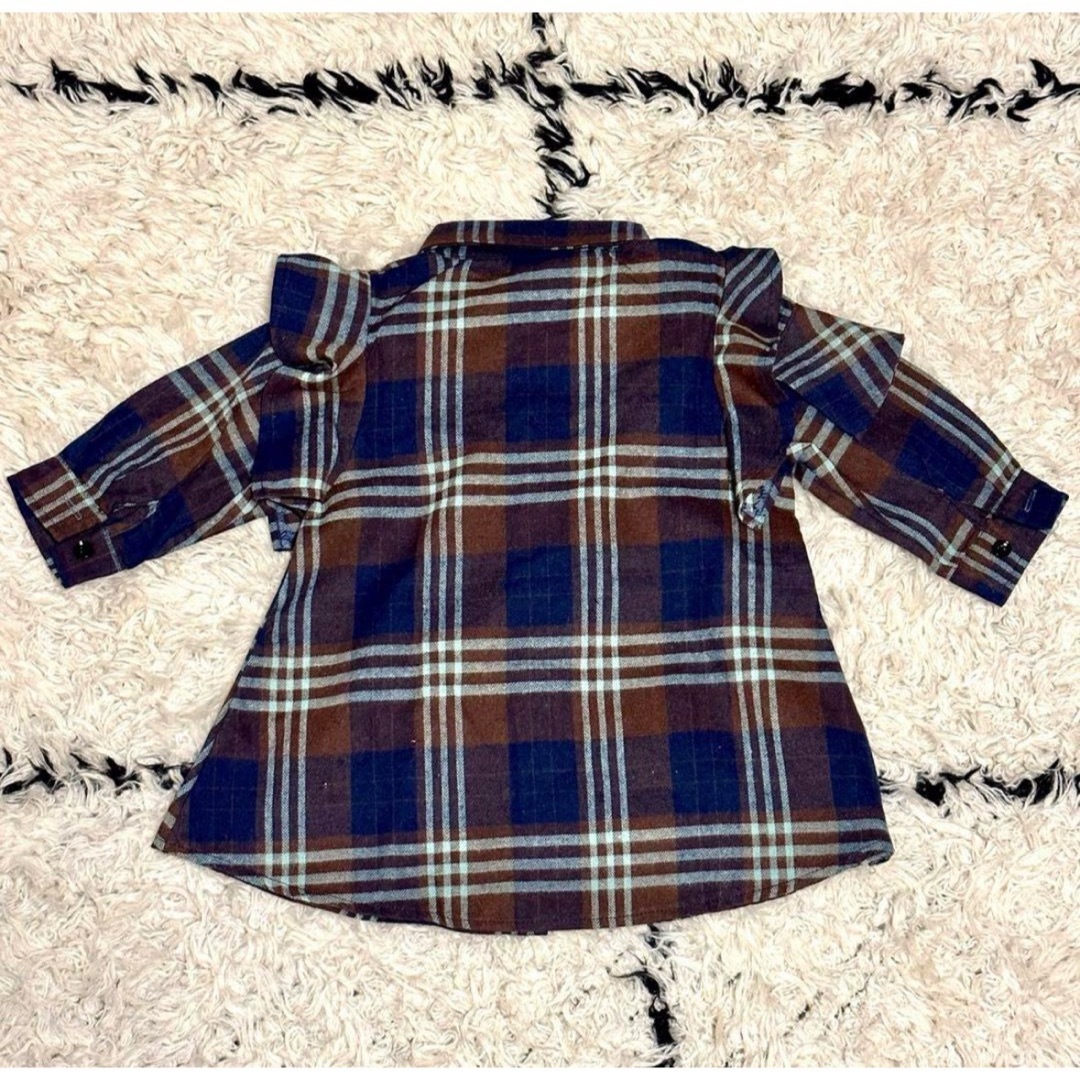 【新品】 シャツ ワンピース 80cm チェック ロング丈 長袖 フリル キッズ/ベビー/マタニティのベビー服(~85cm)(ワンピース)の商品写真