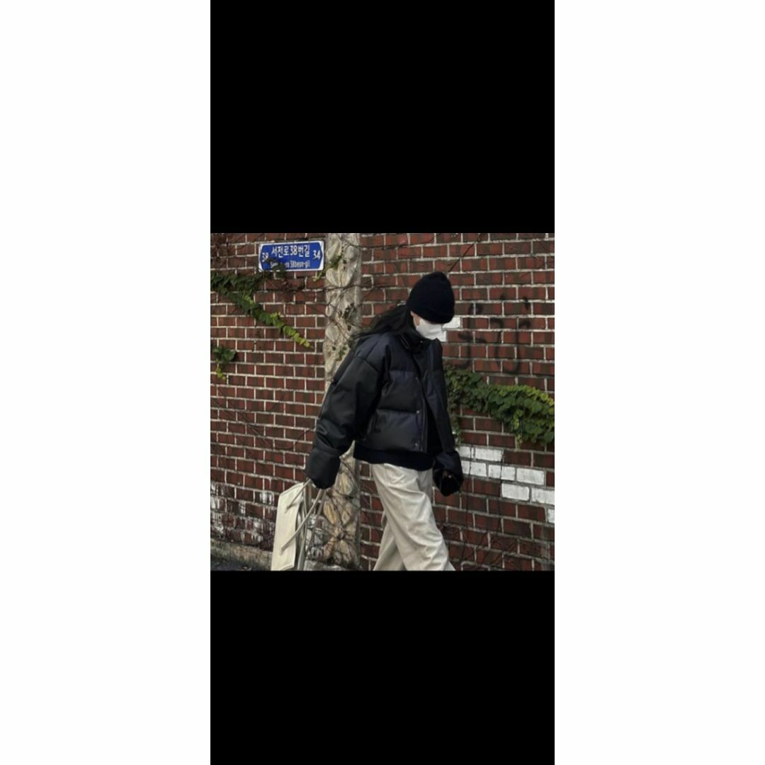 PU ショート 中綿ジャケット 秋冬 ブラック 黒 Ｌ レディースのジャケット/アウター(ダウンジャケット)の商品写真