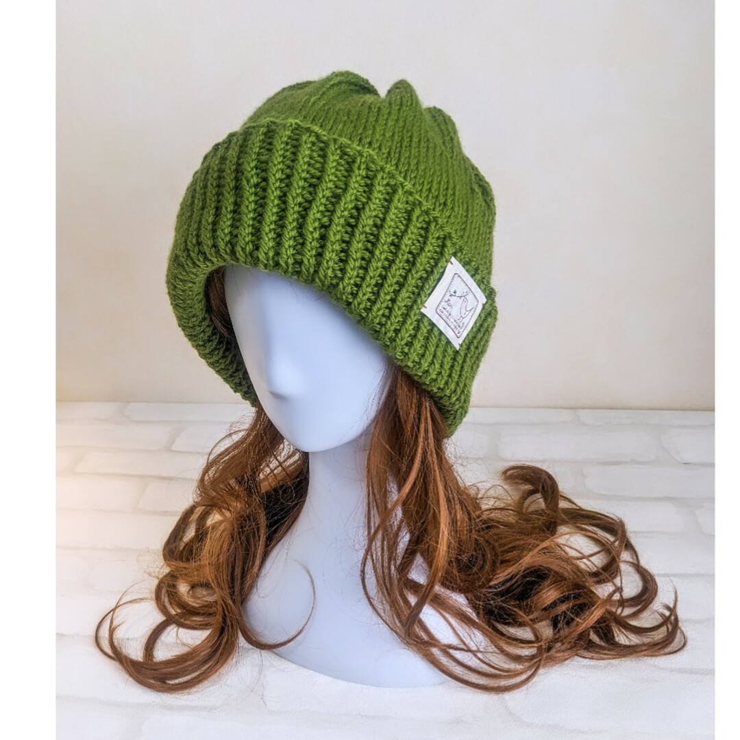 やわらかニット帽「オリーブグリーン」 ハンドメイドのファッション小物(帽子)の商品写真